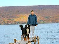 our male Bernese Moutain Dog Moritz on the dock on Bras D'Or Lake